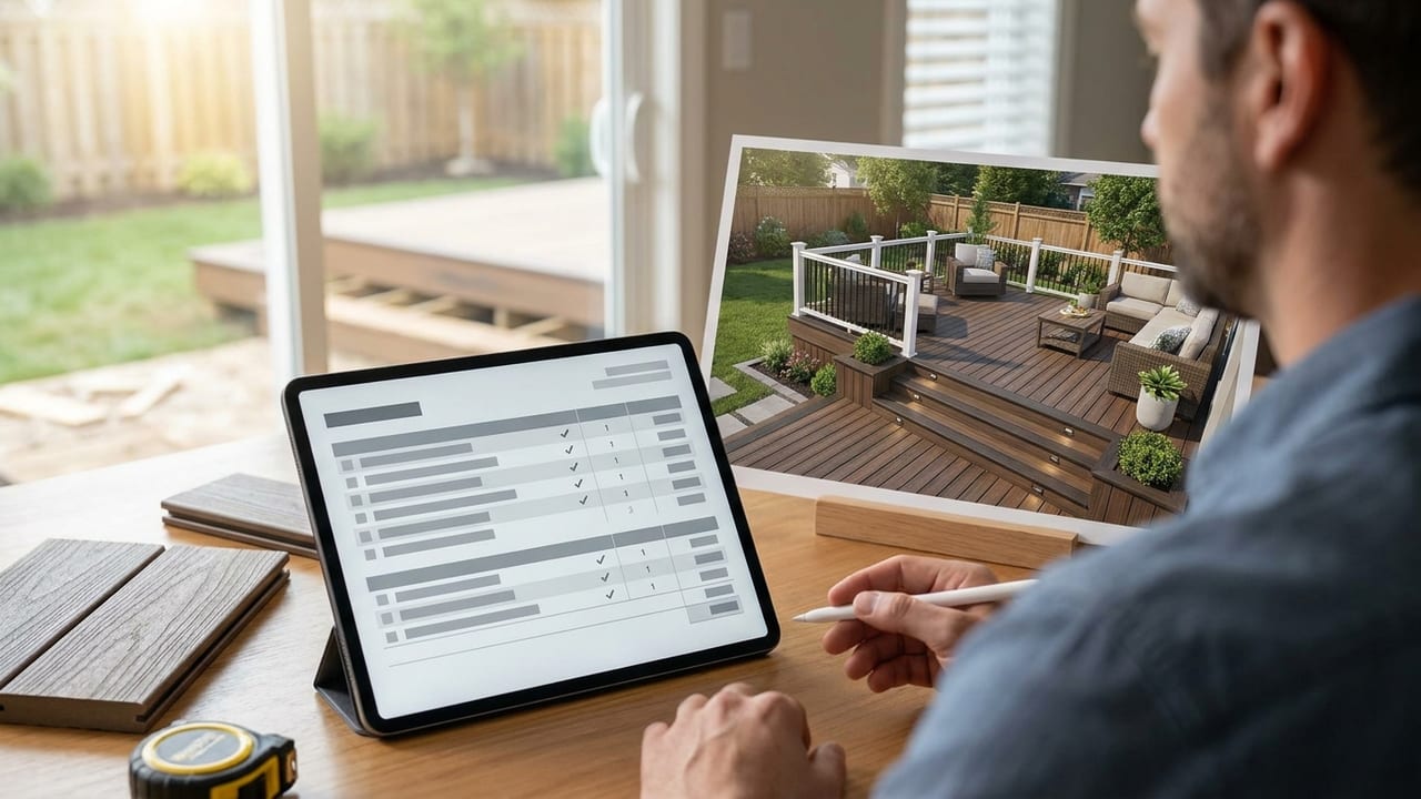 Contractor proposal with deck cost estimate next to a photorealistic deck render