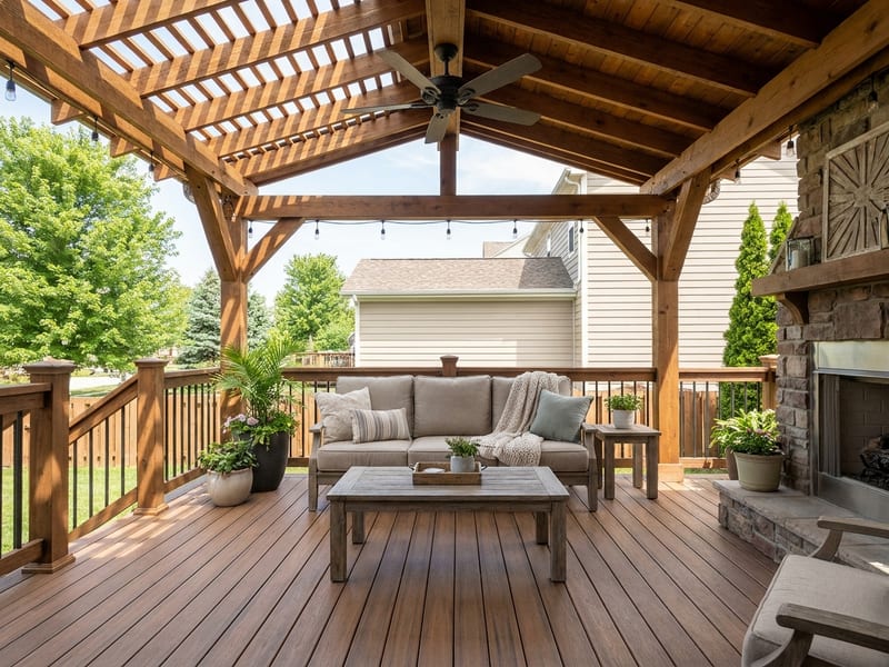 Covered deck with pergola or roof structure, ceiling fan, and composite decking under cover for shade