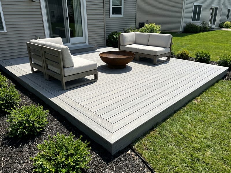Ground-level deck on a flat backyard with no railing required, surrounded by lawn and landscaping