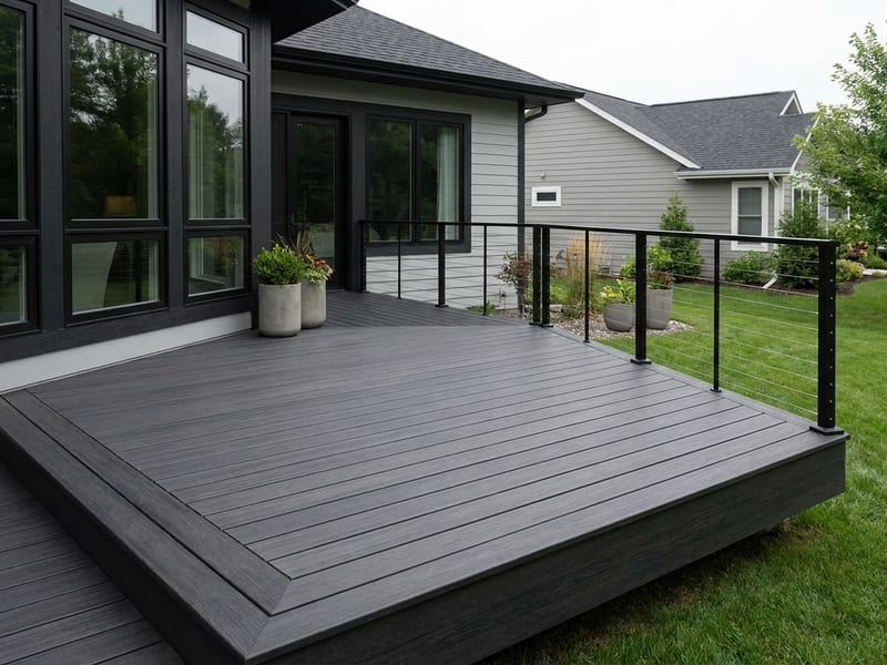 Modern composite deck with horizontal cable railing and clean architectural lines, low-profile design with monochromatic palette