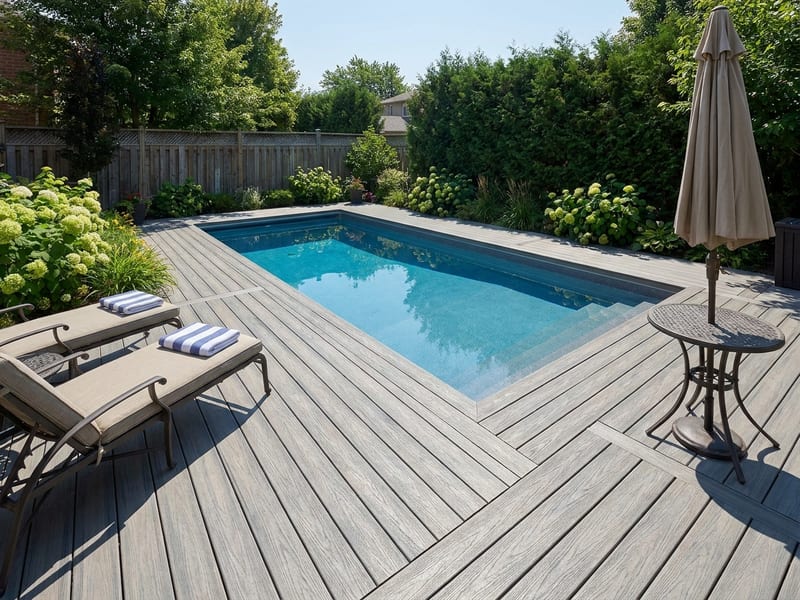 Pool deck surrounding a rectangular in-ground pool, light-colored PVC decking with skirting and steps