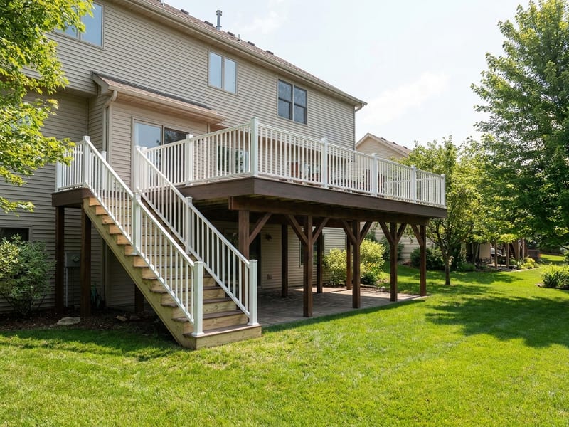 Raised second-story deck with stairs descending to backyard lawn, composite decking and aluminum railing