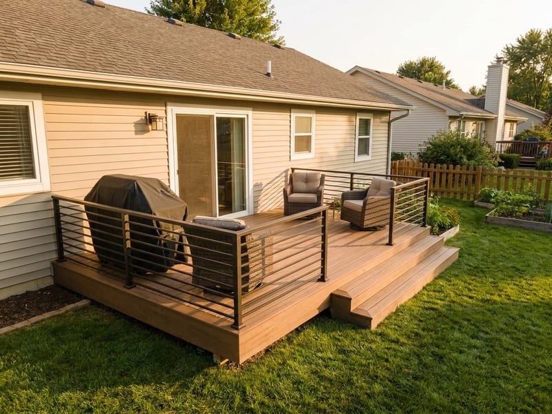 Small 8 by 10 backyard deck attached to a single-story home with composite boards and a simple railing