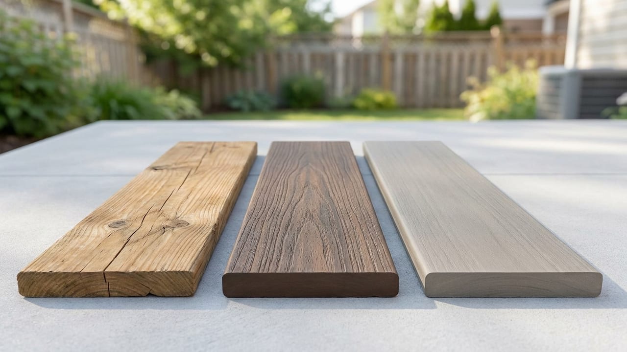 Same backyard photo rendered with composite, PVC, and pressure-treated wood deck materials side by side