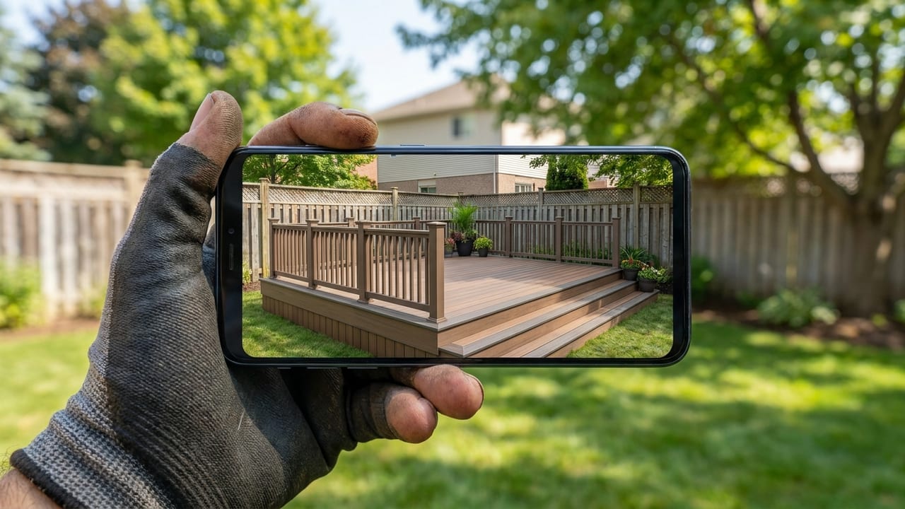 Phone showing PaperPlan workflow: backyard photo upload, material selection, finished deck render