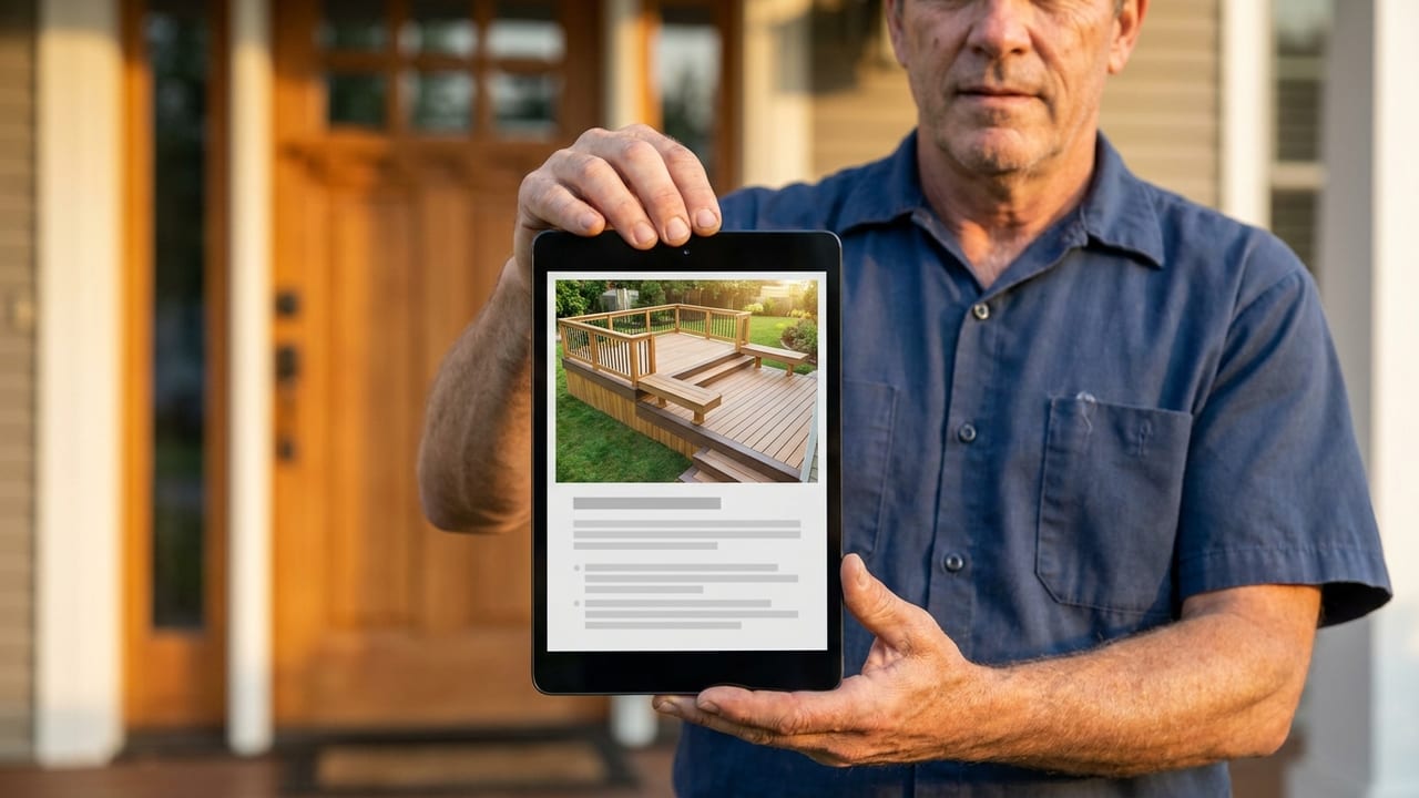 Contractor showing a homeowner a tablet with a deck proposal and photorealistic render of their backyard