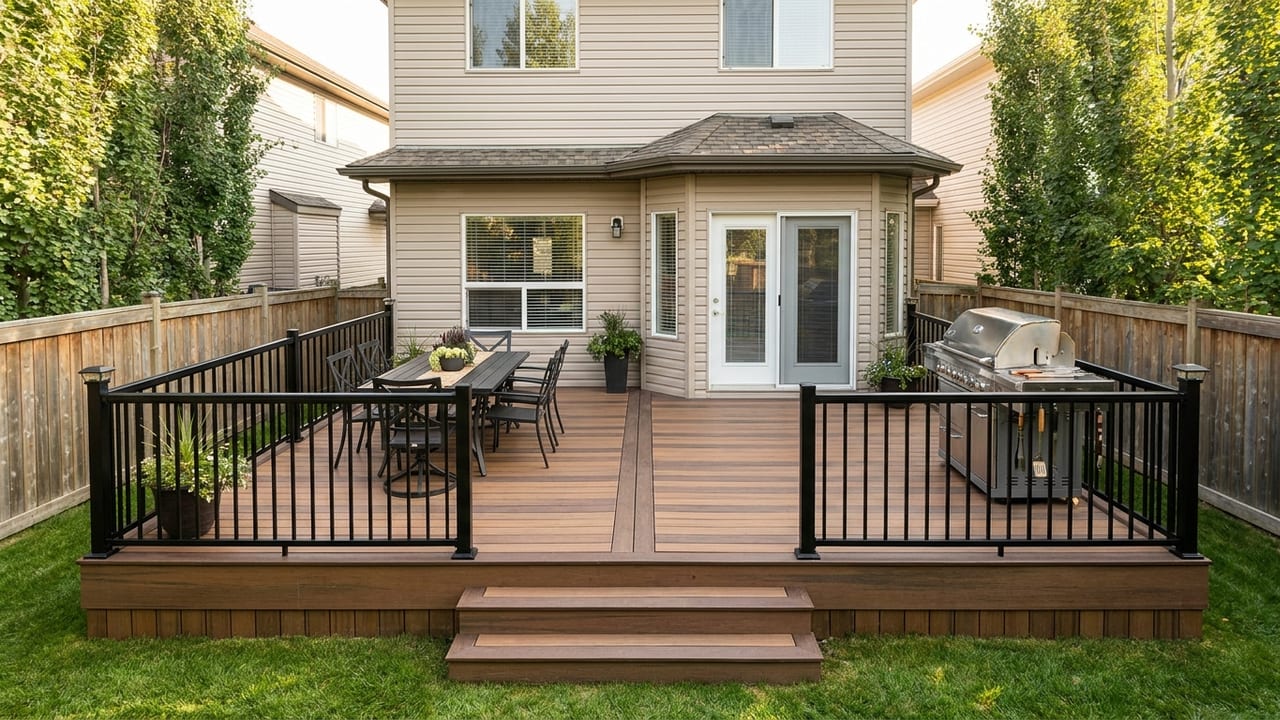 Mid-size composite deck with a dining table and grill zone, rendered on a suburban backyard photo