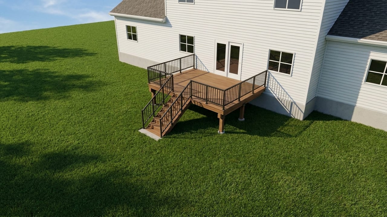 Classic raised deck deck template: The bread-and-butter build: 16×12 composite, aluminum balusters, boxed stairs.