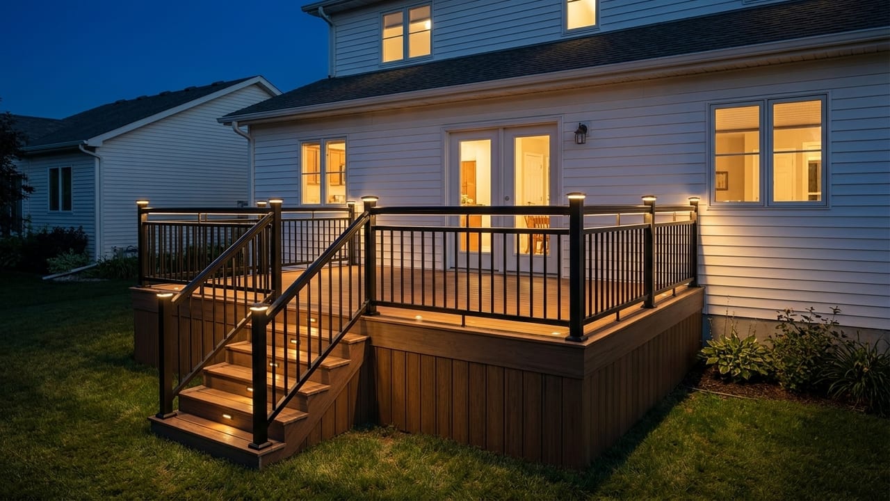 Evening glow deck deck template: See the deck after dark: lit post caps, stair risers, and under-rail glow.