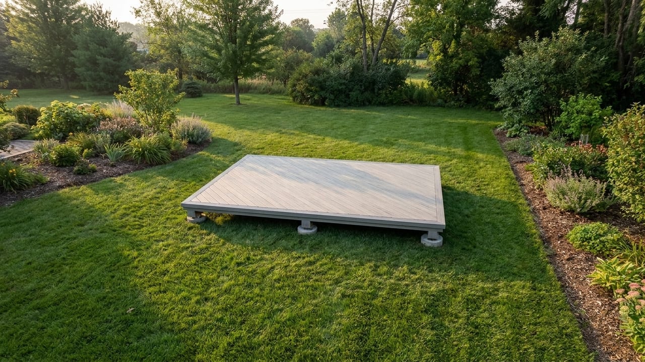 Floating island deck template: Freestanding platform set at an angle in the yard, with diagonal coastal boards.