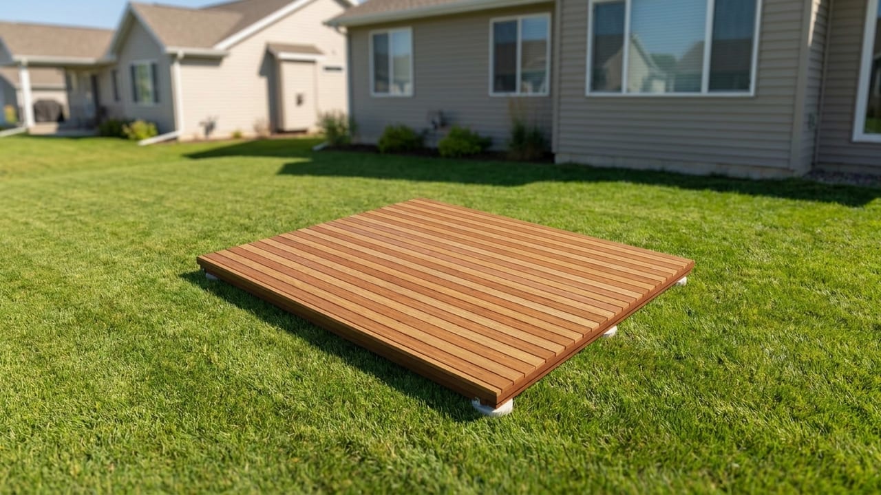 Ground-level lounge deck template: Low cedar platform that hugs the yard. No railing, no stairs, just deck.