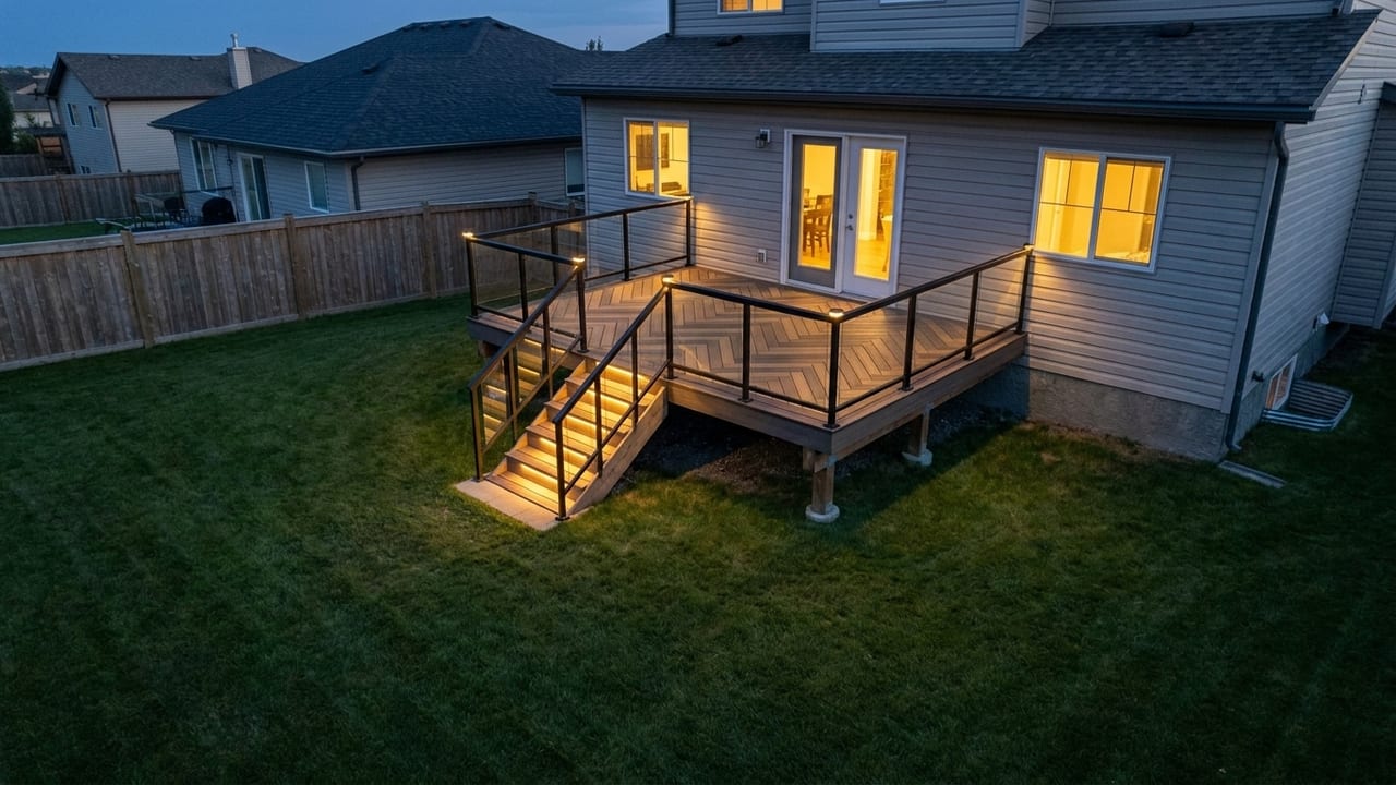 Herringbone showpiece deck template: Premium herringbone field, glass panels, and lit picture-frame stairs at dusk.