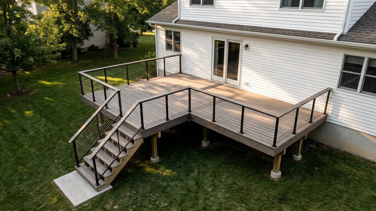 L-shaped wraparound deck template: Picture-frame border on an L footprint with cable railing and open stairs.