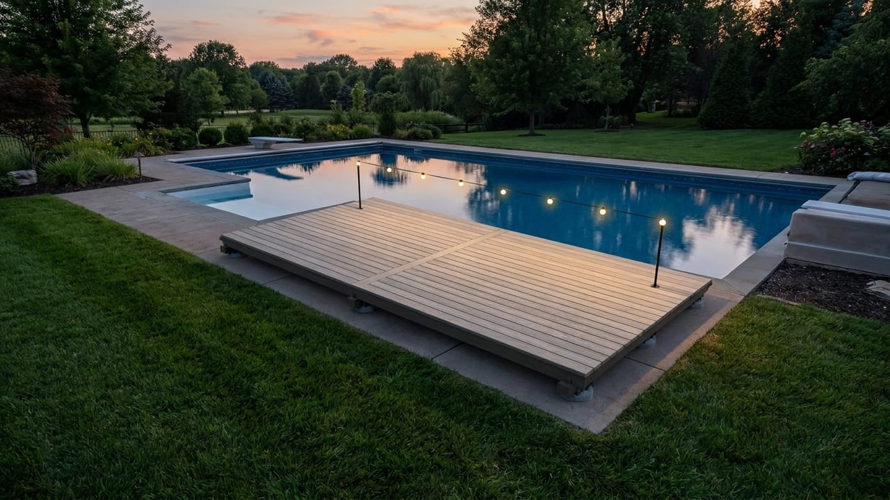 Poolside platform deck template: Wide, low driftwood platform with breaker boards and string lights for evenings.