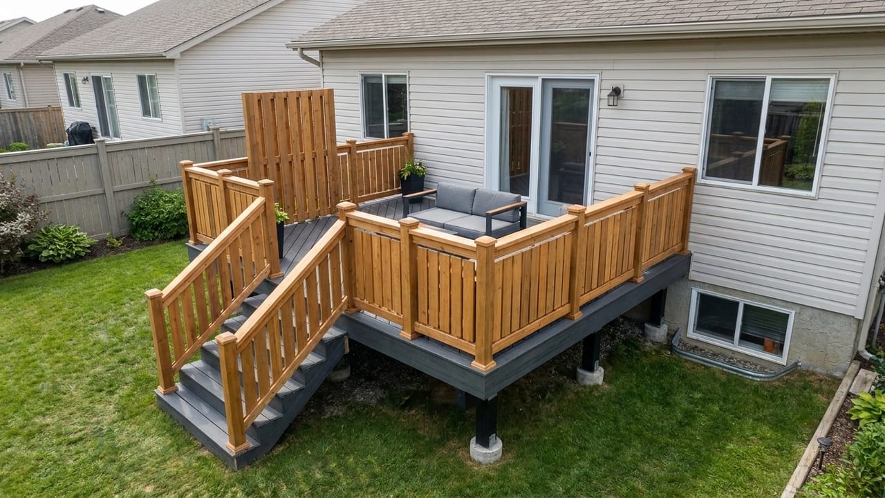 Private escape deck deck template: Wood privacy rails and a side screen turn a close-neighbors yard into a charcoal retreat.