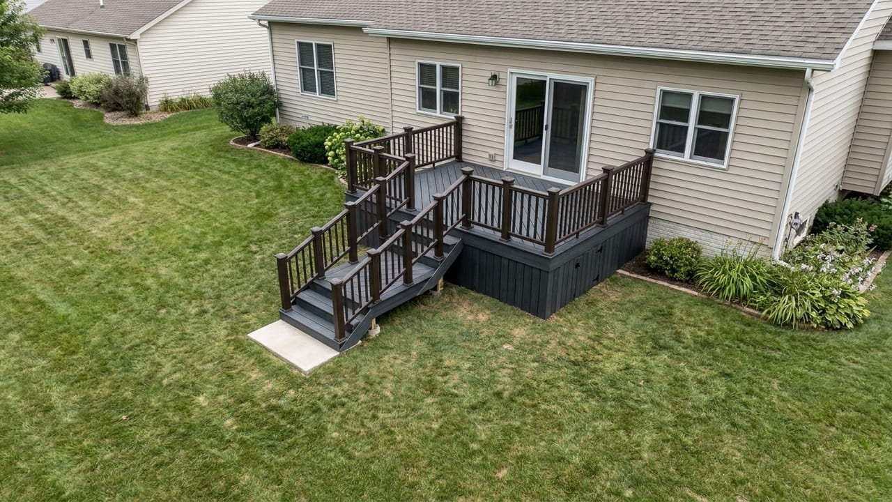 Skirted porch deck deck template: Charcoal diagonal boards with full skirting, access door, and an entry landing.