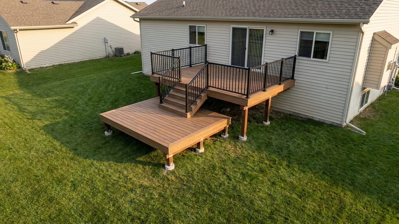 Two-level entertainer deck template: Main deck stepping down to a lower lounge with wide platform stairs.