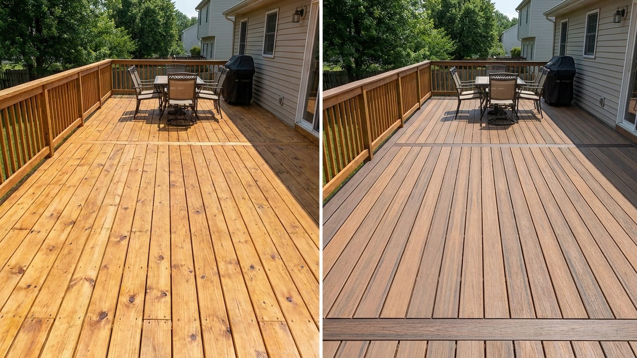 Split view of the same backyard deck rendered in natural wood boards and in modern composite decking